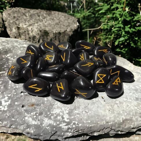 ANANYA FASHION & CRAFTS HUB Black Toumaline Gemstone Engraved Big Rune Stones Set (25 Pcs) for Beginners with Elder Futhark Alphabets for Healing Chakra Crystals Reiki feng Shui Runes Set in Saudi Arabia
