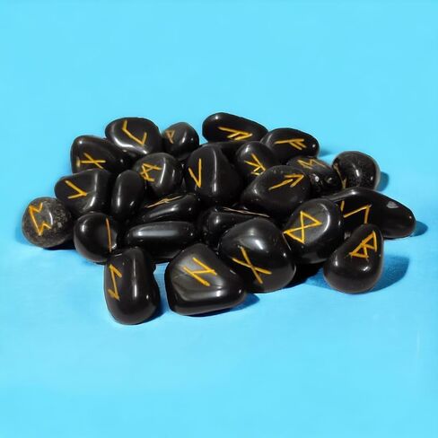 ANANYA FASHION & CRAFTS HUB Black Toumaline Gemstone Engraved Big Rune Stones Set (25 Pcs) for Beginners with Elder Futhark Alphabets for Healing Chakra Crystals Reiki feng Shui Runes Set in Saudi Arabia