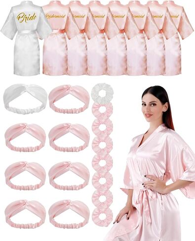 Women Kimono Bride Bridemaid Robe Set, Short Satin Flower Robes Wedding Bridal Single Party with Sleep Mask/Sash in Saudi Arabia