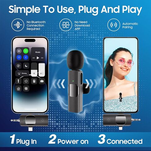 ميكروفون صغير احترافي لاسلكي من Lavalier - ميكروفون لهاتف Iphone/ Android/ الكاميرا، 3 في 1 ميكروفون لاسلكي بمشبك متعدد الاتجاهات وتسجيل مكثف بجودة صوت عالية الدقة، مناسب للمقابلة in Kuwait