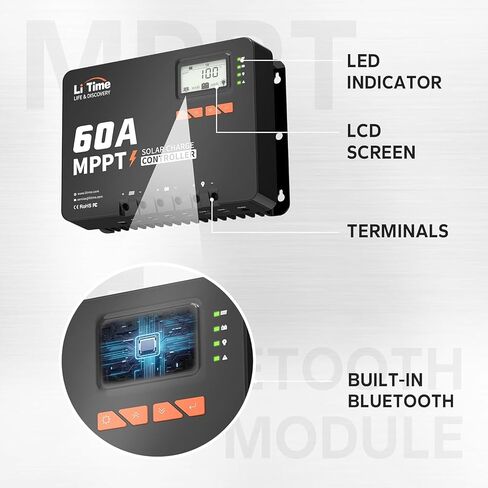 LiTime 30 Amp MPPT 12V/24V/Auto DC Input Solar Charge Controller وحدة بلوتوث مدمجة، شاشة LCD قابلة للتعديل ومؤشرات LED ولوحة شمسية in Kuwait
