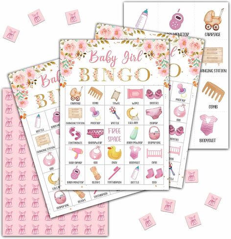 Baby Shower Bingo Games, Baby Bingo for Baby Shower, Blush Pink Floral Baby Bingo Game, Gender Reveal Games, Baby Shower Decorations Favors, 24 Players Bingo Games Cards (C04) in Saudi Arabia