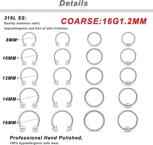 Octptiy 16G 14G الحاجز خواتم 316L الجراحية الصلب يتوقف الحاجز الأنف خواتم الفرس الشفاه الأذن الغضروف اللولب الزنمة ثقب 8 مللي متر 10 12 مللي متر 14 مللي متر 16 مللي متر in Kuwait