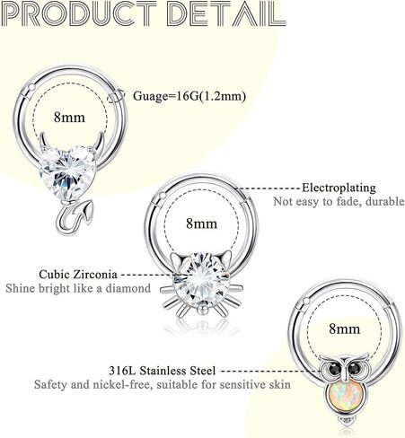 Sanfenly 16G خواتم الحاجز للنساء والرجال 316L الجراحية الفولاذ المقاوم للصدأ لطيف القط الخفافيش الحاجز الأنف حلقة سلس يتوقف الجزء الفرس تشيكوسلوفاكيا Daith أقراط ثقب المجوهرات in Kuwait