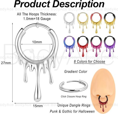 BodyAce 18G حلقات الأنف المنصهرة من الحمم البركانية، حلقات الحاجز من الفولاذ المقاوم للصدأ 316L، حلقات الحاجز متعددة الألوان مجوهرات الجسم القوطية in Kuwait
