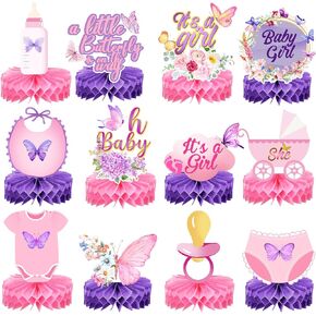 12 Pcs Butterfly Baby Shower Decorations for Girl Honeycomb Table Centerpieces Gender Reveal Party Decor Butterfly Floral Theme Table Toppers It's a Girl Purple and Pink Butterfly Decoration