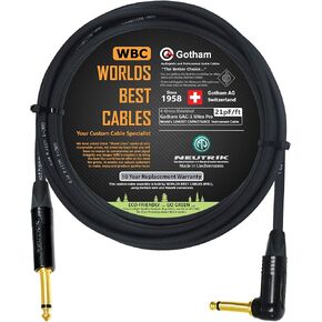 10 Foot - Gotham GAC-1 Ultra Pro - Premium Low-Cap (21 pf/F) Guitar Bass Instrument Cable – w/Neutrik Gold Straight to Angled ¼ inch (6.35mm) TS Connectors - Custom Made by WORLDS BEST CABLES