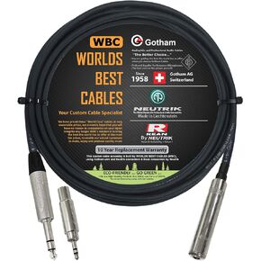 10 Foot - Gotham GAC-4/1 Star-Quad Stereo Headphone Extension Cable & Neutrik TRS Plug to Neutrik-Rean ¼ inch 3-Pole Jack + 3.5 mm Plug to ¼ inch Jack Adapter - Custom Made by WORLDS BEST CABLES