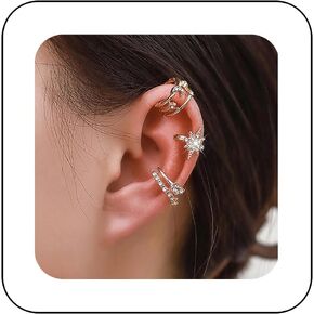 Boho Crystal Moon Ear Cuff Earrings Vintage CZ Northstar Clip On Earrings Gold Rhinestone Butterfly Cartilage Earrings No Piercing Clip Earrings Jewelry for Women and Girls