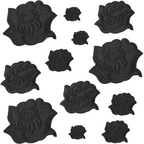 Teaaha 12 PCS Black Rose Flower Iron on Patches for Clothes, Fabric Clothing Patches Embroidered Sew on Flower Patches, Appliques Embellishments for Jacket Jeans Sweater Hats Shoes Bags(4 Size)