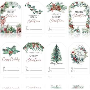 AnyDesign 500 Pcs Christmas Paper Gift Tag Stickers 8 Styles Watercolor Plants Labels Decals Self Adhesive Xmas Winter Name Tags for Gift Box Bag Package Party Decor, 2 x 3 Inch