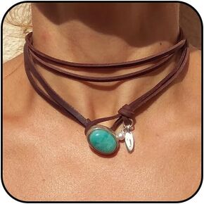 Boho Choker Necklace for Women Brown Suede Western Necklace Layered Bohemian Turquoise Coin Choker Western Turquoise Jewelry for Women