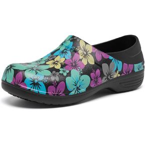 حذاء عمل نسائي من Alcubieree مقاوم للانزلاق سهل الارتداء مقاوم للماء للممرضات والرعاية الصحية والبستنة والطهاة الطبي والمطبخ لطيف خفيف الوزن طباعة سوداء/أخضر مقاس 9.5 in Kuwait