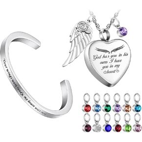 Dletay Urn Bracelet Cremation Bracelet for Ashes Heart Urn Necklace for Ashes with 12 Birthstones Angel Wing Cremation Jewelry s-God Has You in His Arms, I Have You in My Heart