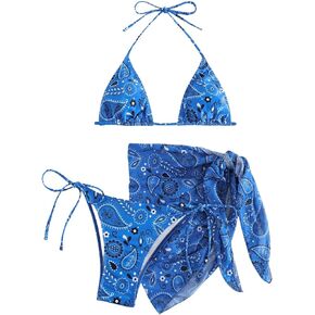 SOLY HUX Bikini Sets for Women Paisley Print Halter Triangle Bathing Suit 3 Piece Swimsuit with Sarong Cover Up