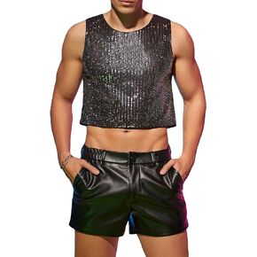 WDIRARA Men's 2 Piece Outfit Sequin Round Neck Sleeveless Crop Tank Top and Pu Leather Shorts