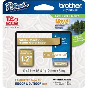 Genuine Brother 1/2" (12mm) White on Satin Gold TZe P-Touch Tape for Brother PT-D400, PTD400 Label Maker