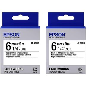 Epson LabelWorks Standard LK (Replaces LC) Tape Cartridge ~1/4" Black on White (LK-2WBN) - for use with LabelWorks LW-300, LW-400, LW-600P and LW-700 Label Printers in Kuwait