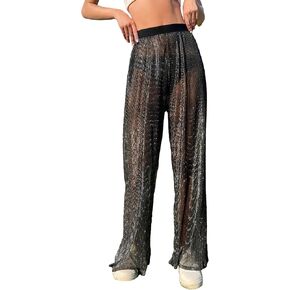 GORGLITTER Women's High Waisted Sheer Mesh Pants See Through Baggy Lounge Bottoms Pants in Saudi Arabia