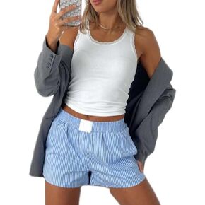 Women Boxer Shorts Baggy Y2k Summer Comfy Casual Micro Pajamas Bottoms Cute Elastic Waist Lounge Shorts (Leisure Deep Blue Stripes,M)