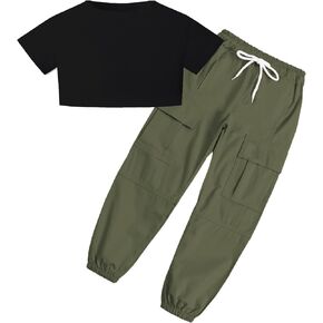 SANGTREE Girls' 2 Piece Outfits T-Shirt and Drawstring Cargo Jogger Pants Clothing Set, 4-14 Years