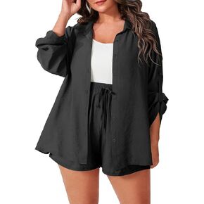IN'VOLAND Women's Plus Size 2 Piece Outfits Cotton Linen Shirt and Drawstring Shorts Set Spring Summer Tracksuits for Women