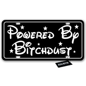 License Plate | Powered by Bitchdust | Funny Novelty Vanity Front License Plate Frame Cover Gift for Men Women | Decorative Metal Car Plate Sign Auto Tag | Aluminum Plate 6 X 12 Inch (2 Holes)