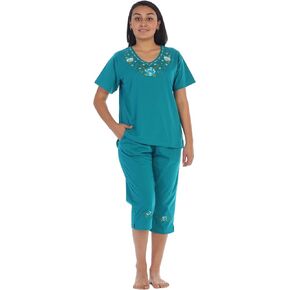 Women's Short Sleeve Embroidered Blouse and Matching Capri Set