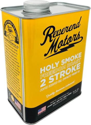 2 Stroke Oil | Holy Smoke Freedom Roast | Full Synthetic Premix for Dirtbikes, Outboards, JetSki, Lawn Equpment, and Two Cycles Engines | 64 oz Made in USA - Reverend Motors in Saudi Arabia