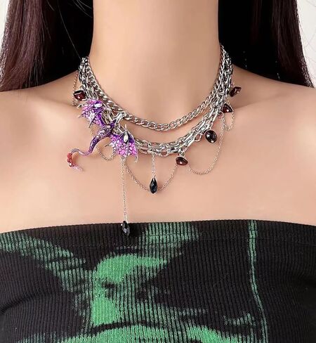 Dragon Choker Necklace For Women Black Purple Silver Stainless Steel Cubic Zirconia Leather Punk Gothic Cool Flying Dragon Pendant Necklace Adjustable Chain Jewelry For Daugther in Kuwait