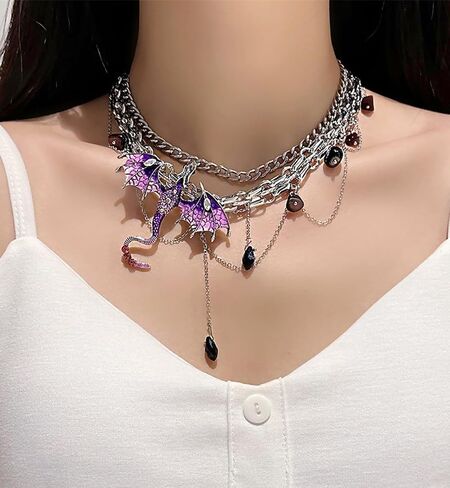 Dragon Choker Necklace For Women Black Purple Silver Stainless Steel Cubic Zirconia Leather Punk Gothic Cool Flying Dragon Pendant Necklace Adjustable Chain Jewelry For Daugther in Kuwait