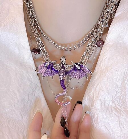 Dragon Choker Necklace For Women Black Purple Silver Stainless Steel Cubic Zirconia Leather Punk Gothic Cool Flying Dragon Pendant Necklace Adjustable Chain Jewelry For Daugther in Kuwait