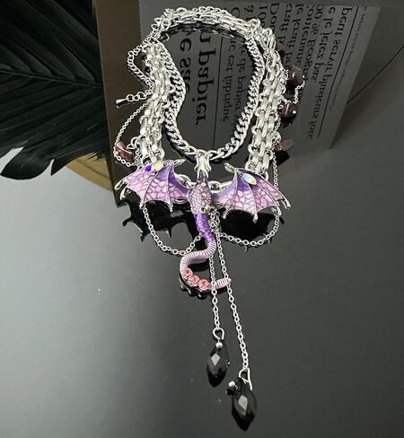 Dragon Choker Necklace For Women Black Purple Silver Stainless Steel Cubic Zirconia Leather Punk Gothic Cool Flying Dragon Pendant Necklace Adjustable Chain Jewelry For Daugther in Kuwait