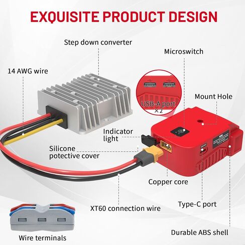 18V to 12V Step Down Converter for Milwaukee M18 18V Battery Adapter & New Upgrade USB Charger Adapter, DC 12V Resistive Loads 20A 240W Buck Converter Regulator (1-Pack) in Saudi Arabia