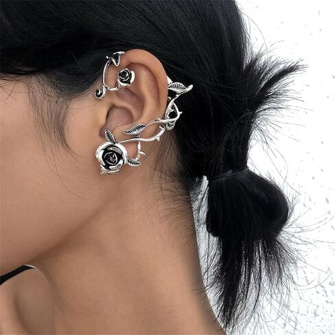 Rose Flower Ear Cuff for Women Gothic Cartilage Clip On Earrings Flower Climber Crawler Earrings Thorn Rattan Wrap Earrings Christmas Gifts for Girls in Saudi Arabia
