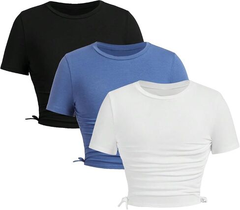 Milumia Girl's 3 Pack Ruched Short Sleeve Crop Tees Drawstring Crew Neck T-Shirts Tops in Saudi Arabia