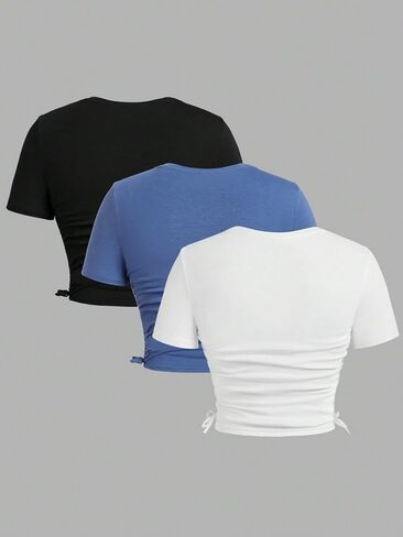Milumia Girl's 3 Pack Ruched Short Sleeve Crop Tees Drawstring Crew Neck T-Shirts Tops in Saudi Arabia