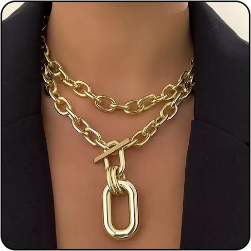 Layered Gold Necklaces Stack for Women, Chunky Choker Necklace for Women Gold Cuban Link Chain Double O Link Necklaces Cuban Statement Thick Link Collar Chain Punk Hip-hop Trendy Jewelry for Women Girls in Kuwait
