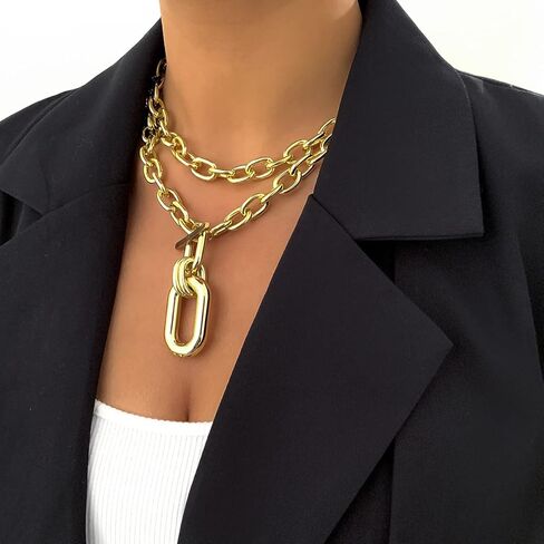 Layered Gold Necklaces Stack for Women, Chunky Choker Necklace for Women Gold Cuban Link Chain Double O Link Necklaces Cuban Statement Thick Link Collar Chain Punk Hip-hop Trendy Jewelry for Women Girls in Kuwait