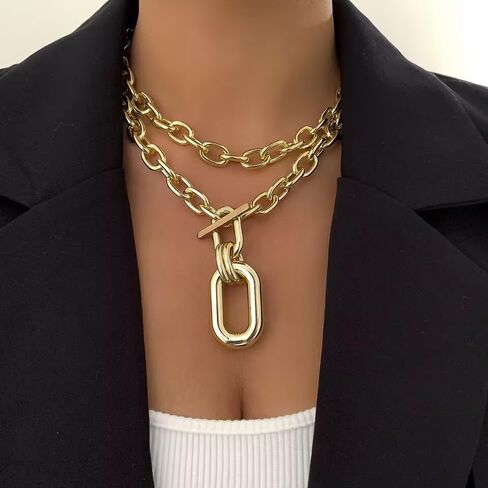 Layered Gold Necklaces Stack for Women, Chunky Choker Necklace for Women Gold Cuban Link Chain Double O Link Necklaces Cuban Statement Thick Link Collar Chain Punk Hip-hop Trendy Jewelry for Women Girls in Kuwait