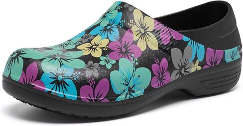 حذاء عمل نسائي من Alcubieree مقاوم للانزلاق سهل الارتداء مقاوم للماء للممرضات والرعاية الصحية والبستنة والطهاة الطبي والمطبخ لطيف خفيف الوزن طباعة سوداء/أخضر مقاس 9.5 in Kuwait