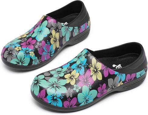 حذاء عمل نسائي من Alcubieree مقاوم للانزلاق سهل الارتداء مقاوم للماء للممرضات والرعاية الصحية والبستنة والطهاة الطبي والمطبخ لطيف خفيف الوزن طباعة سوداء/أخضر مقاس 9.5 in Kuwait