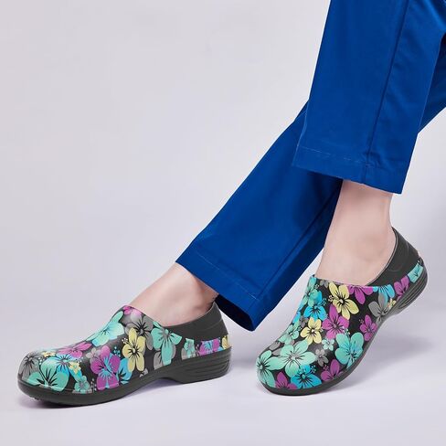 حذاء عمل نسائي من Alcubieree مقاوم للانزلاق سهل الارتداء مقاوم للماء للممرضات والرعاية الصحية والبستنة والطهاة الطبي والمطبخ لطيف خفيف الوزن طباعة سوداء/أخضر مقاس 9.5 in Kuwait