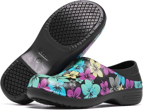 حذاء عمل نسائي من Alcubieree مقاوم للانزلاق سهل الارتداء مقاوم للماء للممرضات والرعاية الصحية والبستنة والطهاة الطبي والمطبخ لطيف خفيف الوزن طباعة سوداء/أخضر مقاس 9.5 in Kuwait