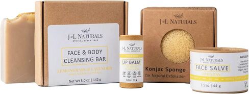 J&L Naturals Simple Skin Regimen Kit With Cleansing Bar, Face Salve, Konjac Sponge, Lip Balm | For Oily, Dry, Mature, and Combination Skin | Zero Waste (Balance (oily, combination skin), Simple) in Saudi Arabia