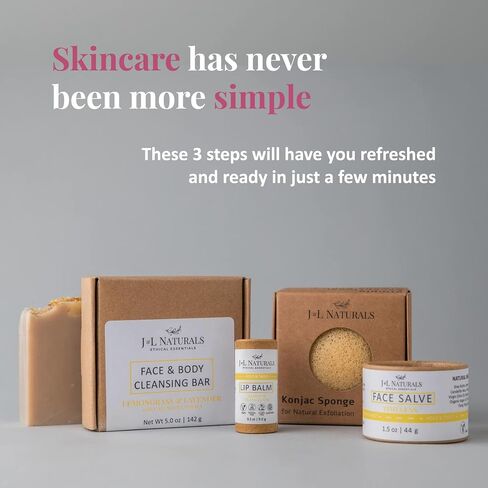 J&L Naturals Simple Skin Regimen Kit With Cleansing Bar, Face Salve, Konjac Sponge, Lip Balm | For Oily, Dry, Mature, and Combination Skin | Zero Waste (Balance (oily, combination skin), Simple) in Saudi Arabia