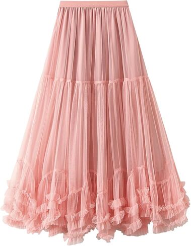 Women Elegant Tulle Long Skirt High Waits Tutu Fairy A-Line Skirt Fluffy Ruffle Hem Pleated Mesh Midi Skirt in Saudi Arabia