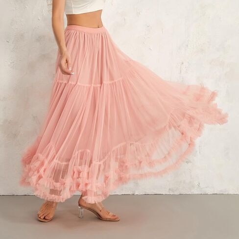 Women Elegant Tulle Long Skirt High Waits Tutu Fairy A-Line Skirt Fluffy Ruffle Hem Pleated Mesh Midi Skirt in Saudi Arabia
