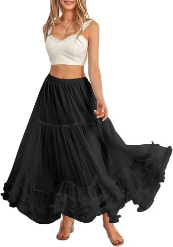 Women Elegant Tulle Long Skirt High Waits Tutu Fairy A-Line Skirt Fluffy Ruffle Hem Pleated Mesh Midi Skirt in Saudi Arabia