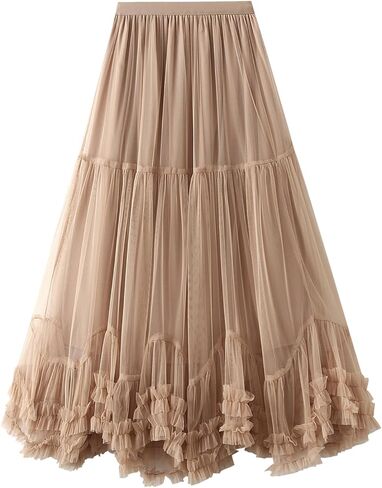 Women Elegant Tulle Long Skirt High Waits Tutu Fairy A-Line Skirt Fluffy Ruffle Hem Pleated Mesh Midi Skirt in Saudi Arabia